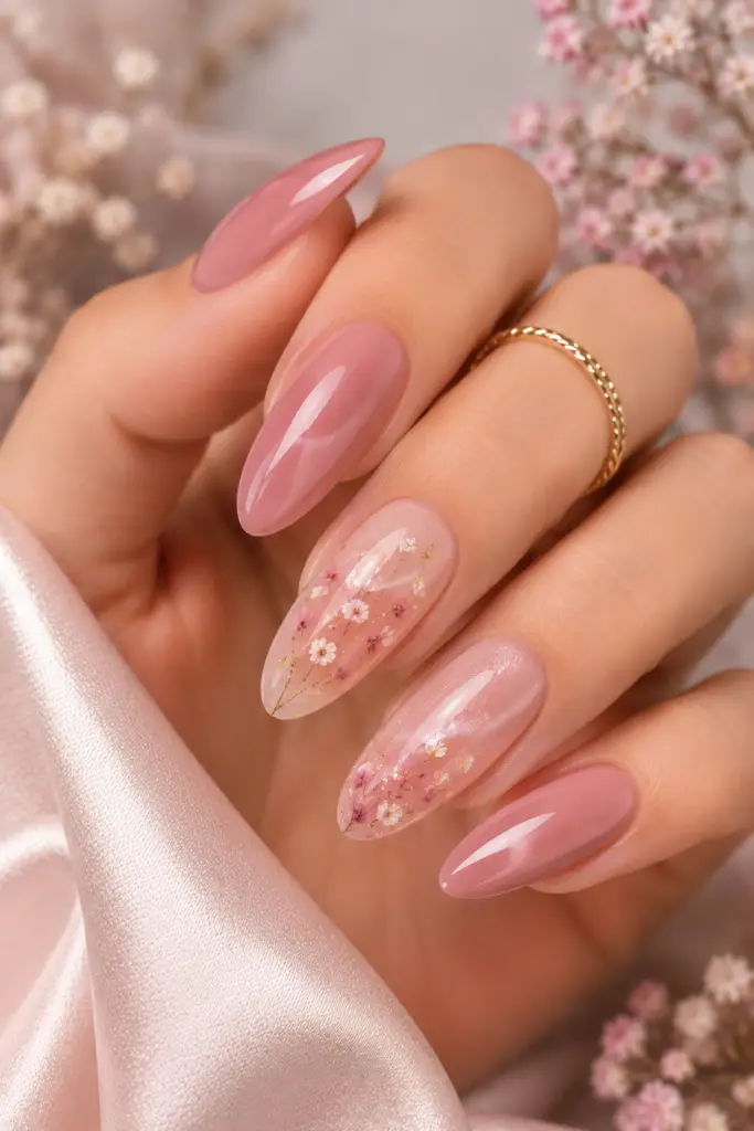 Romantic pink gel nails with heart details