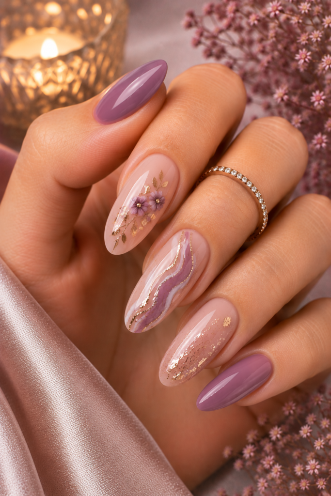 White gel nails with delicate gold accents