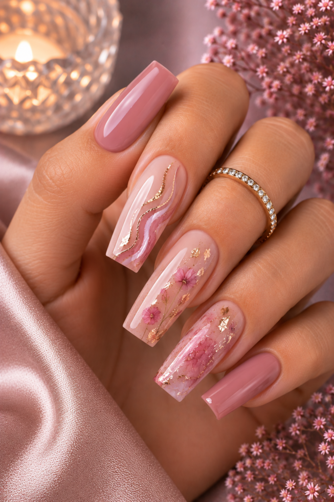 Romantic pink gel nails with heart details