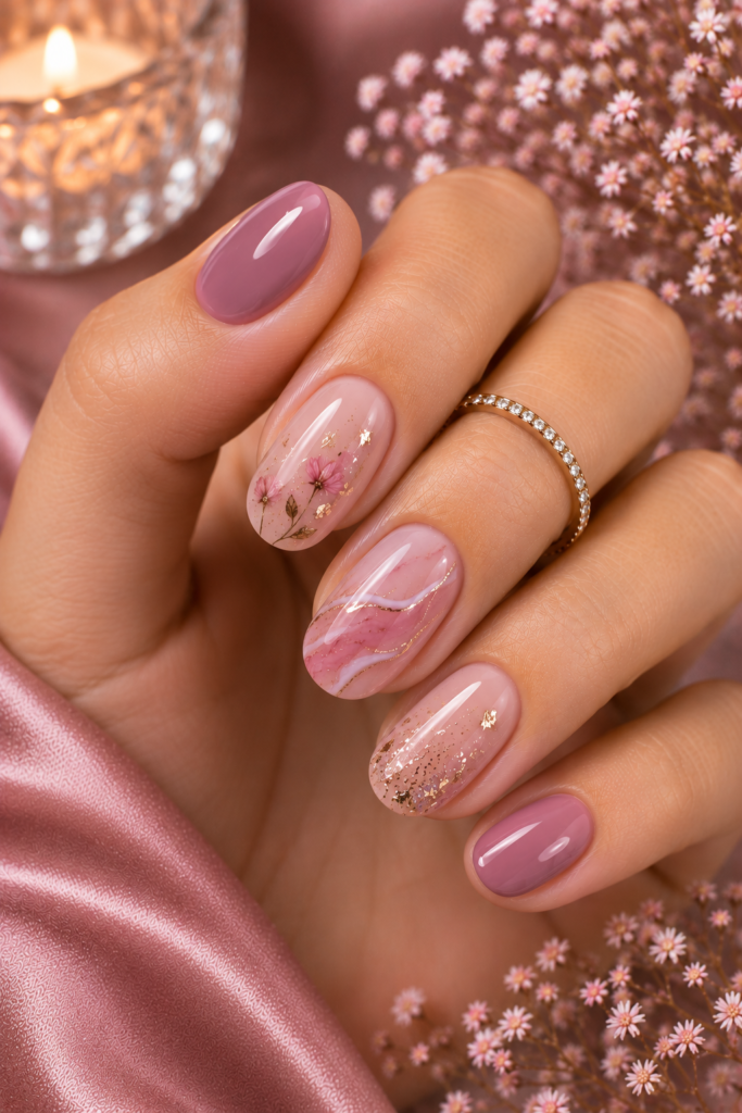 Romantic pink gel nails with heart details