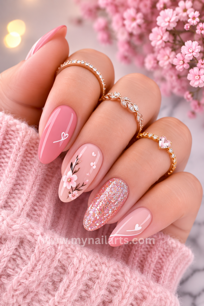 Glitter pink nail design with sparkling accent nails and glossy polish.