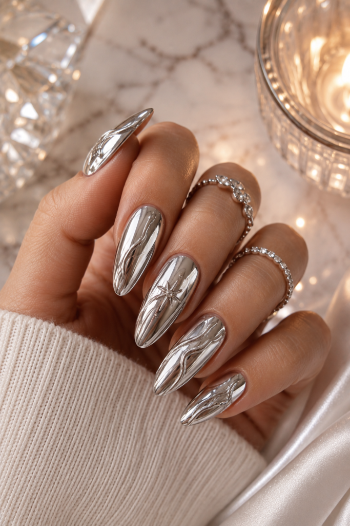 Elegant mirror chrome nails with reflective silver metallic finish