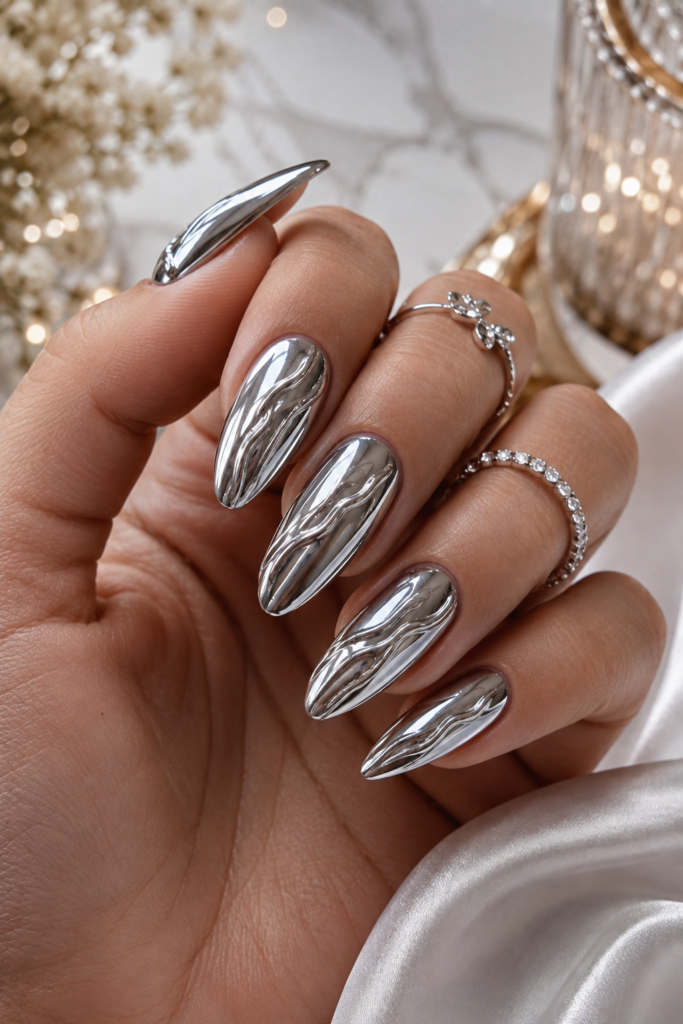 Elegant mirror chrome nails with reflective silver metallic finish