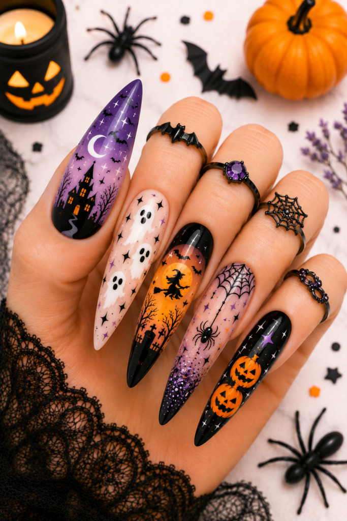 Black and orange Halloween manicure with spooky pumpkin and ghost nail designs.