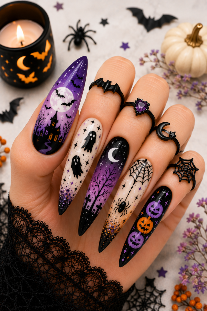 Halloween nail designs featuring spooky ghosts, pumpkins, and spider webs on long stiletto acrylic nails