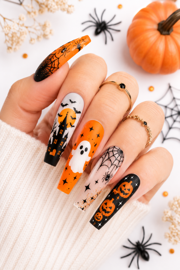 Halloween manicure featuring spooky bats, glowing moon, pumpkins, and elegant nail art.