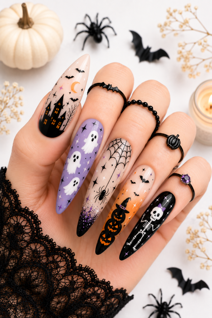 Cute Halloween nail designs with smiling ghost nail art and black star details.