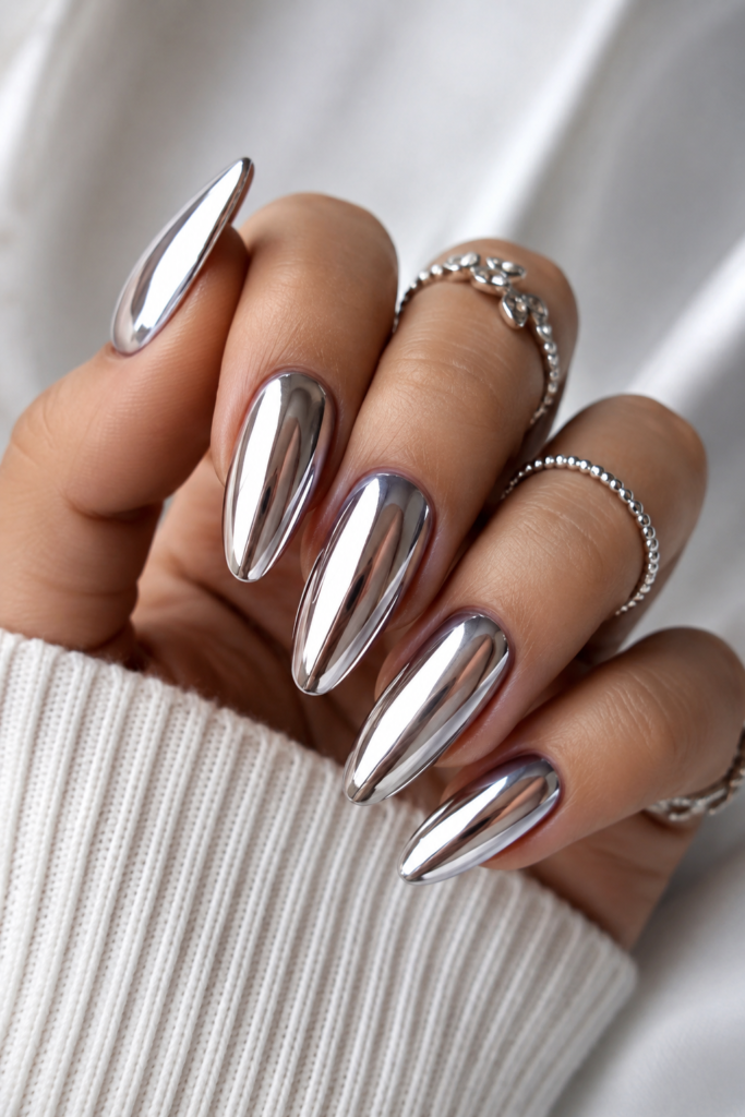 Beautiful pink chrome nails with a soft metallic shine