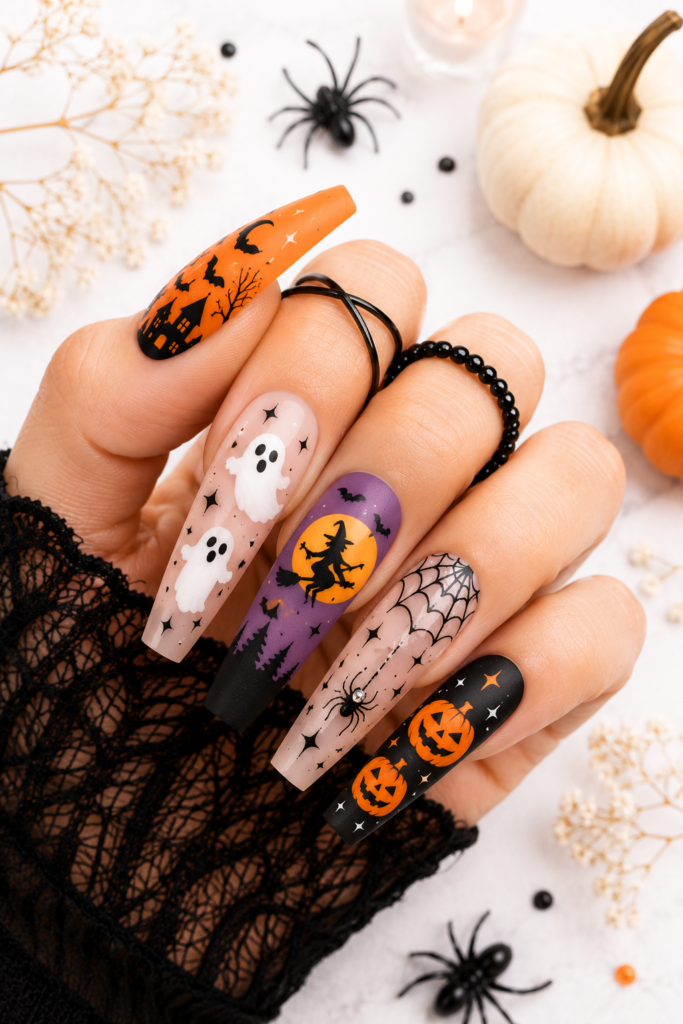 Trendy Halloween coffin nails with glitter pumpkins and spooky black nail art.
