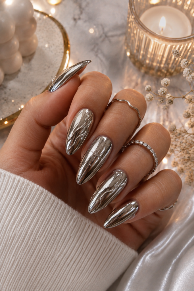 Silver chrome nail designs with a glossy mirror finish on almond nails