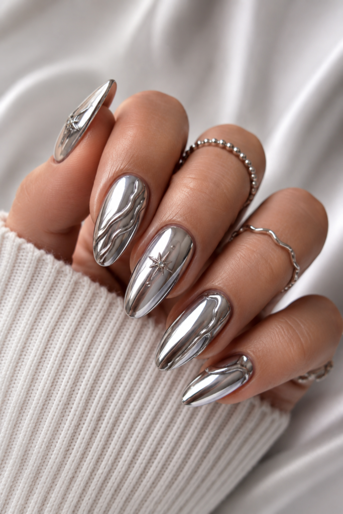 Trendy almond chrome nail designs with shiny silver finish